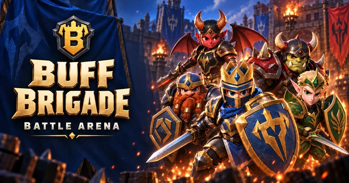 Buff Brigade: Battle Arena artwork with the gold title and all five faction fighters