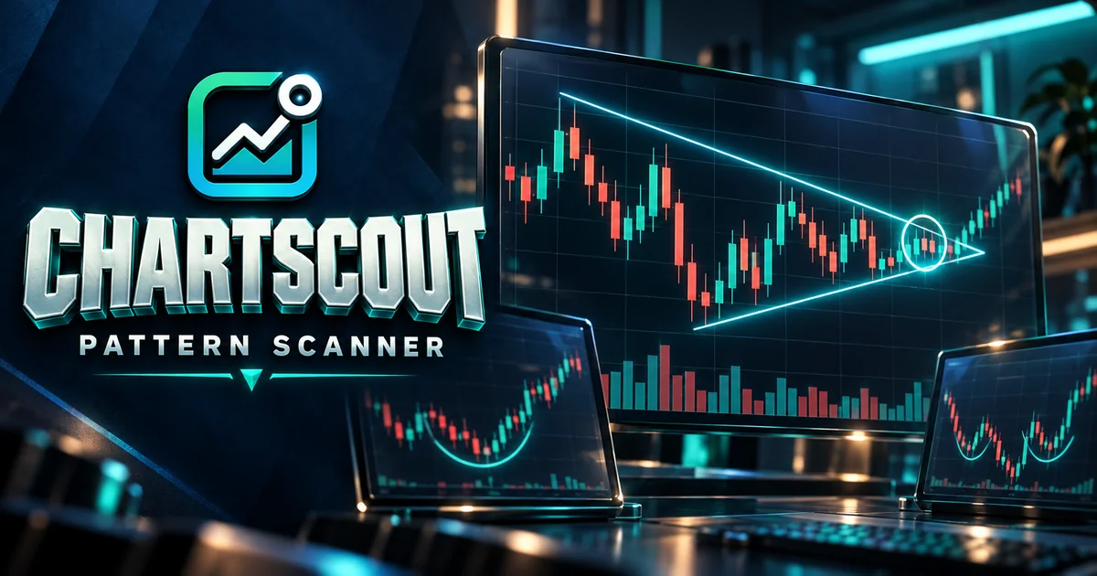 ChartScout artwork with its teal logo and highlighted patterns on candlestick charts