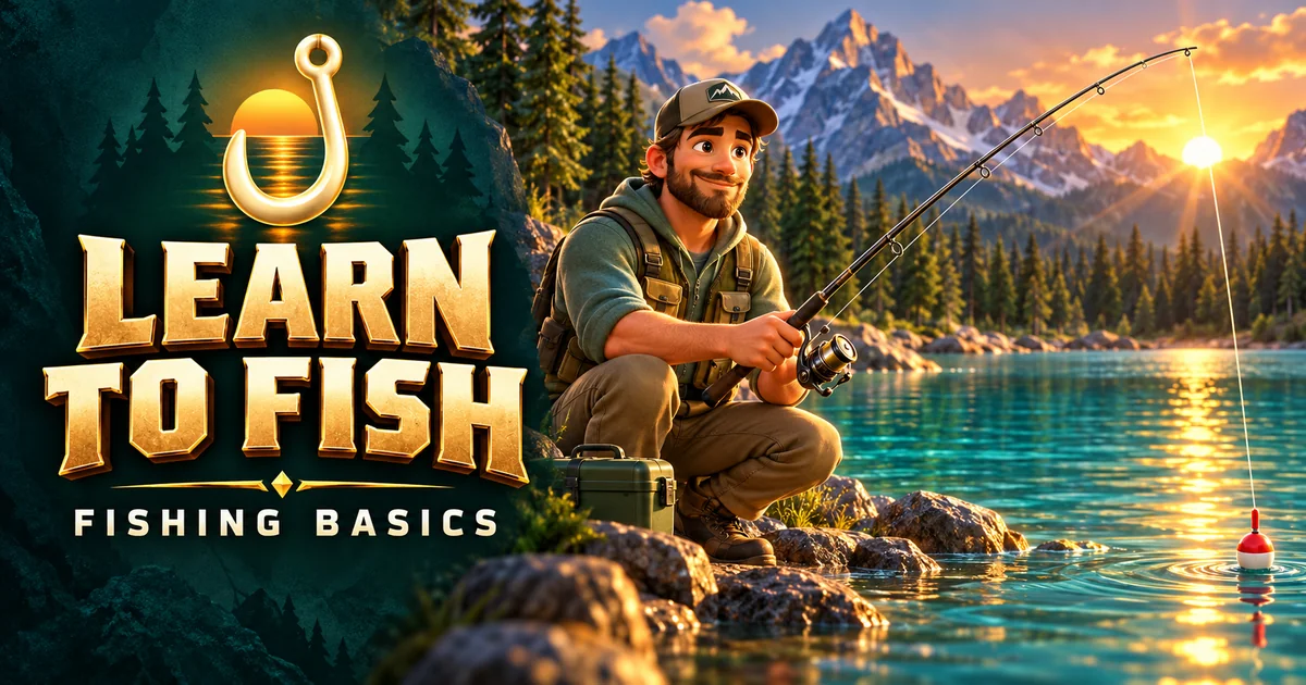 Learn to Fish artwork with a golden hook and an angler beside a mountain lake